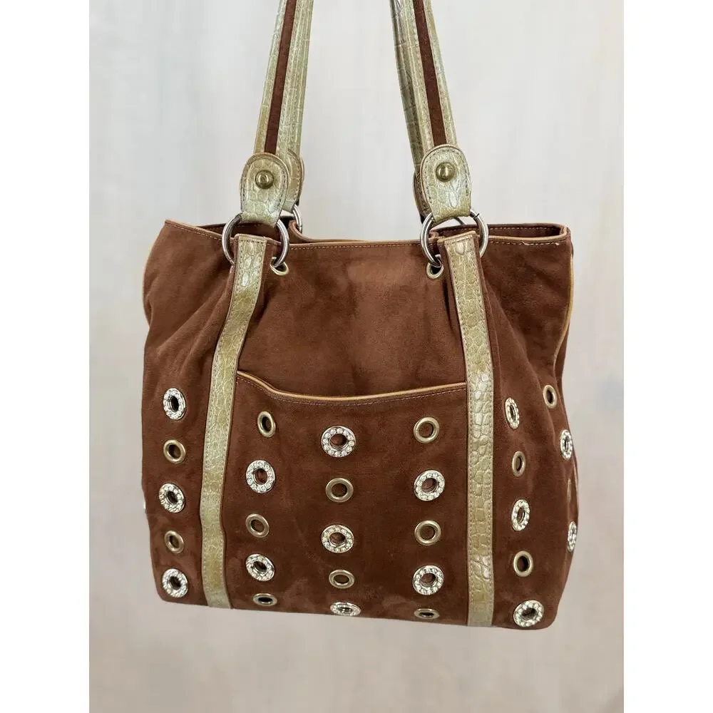 Vintage Y2K Kathy Van Zeeland Brown Faux Suede Grommet Tote Bag